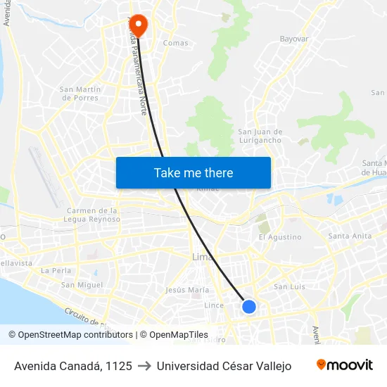 Avenida Canadá, 1125 to Universidad César Vallejo map