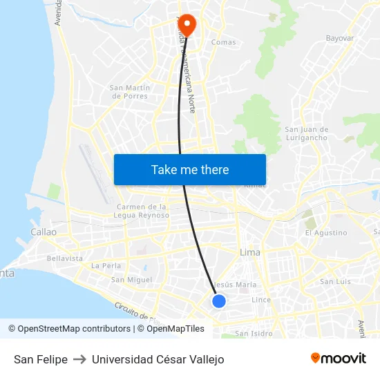 San Felipe to Universidad César Vallejo map