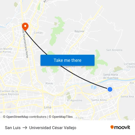 San Luis to Universidad César Vallejo map