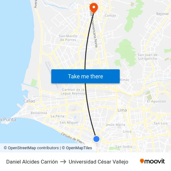 Daniel Alcides Carrión to Universidad César Vallejo map