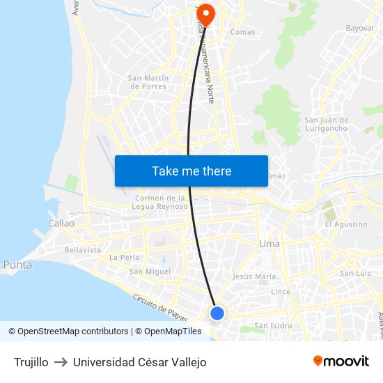 Trujillo to Universidad César Vallejo map