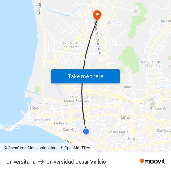 Universitaria to Universidad César Vallejo map