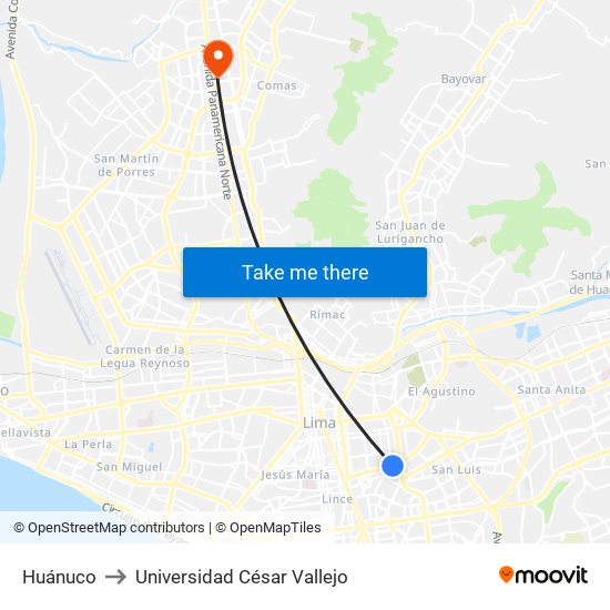 Huánuco to Universidad César Vallejo map