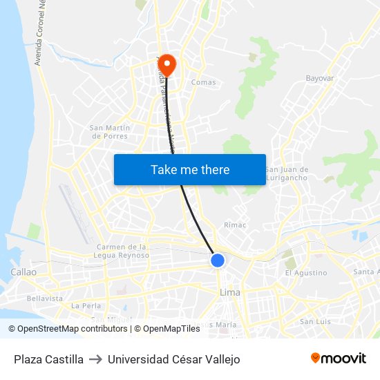Plaza Castilla to Universidad César Vallejo map