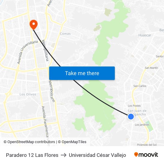 Paradero 12 Las Flores to Universidad César Vallejo map