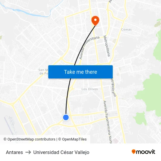 Antares to Universidad César Vallejo map