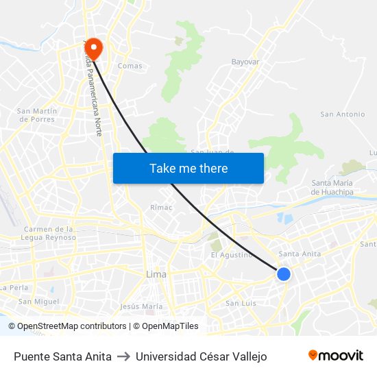 Puente Santa Anita to Universidad César Vallejo map