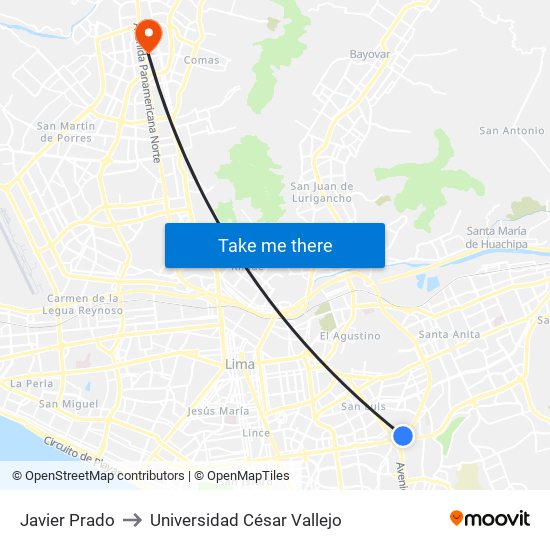 Javier Prado to Universidad César Vallejo map
