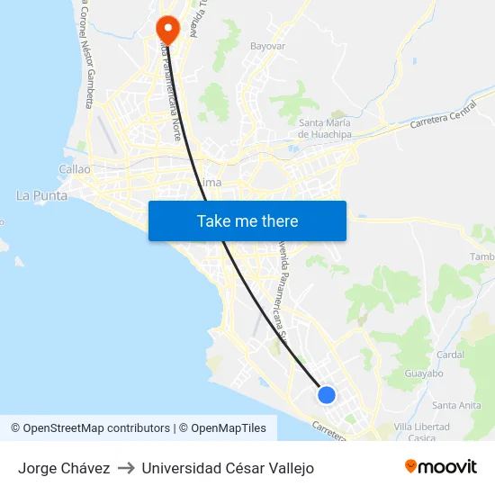 Jorge Chávez to Universidad César Vallejo map