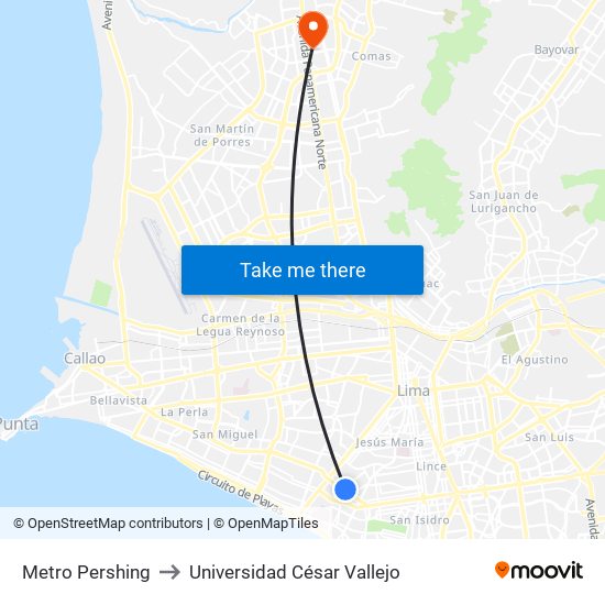 Metro Pershing to Universidad César Vallejo map