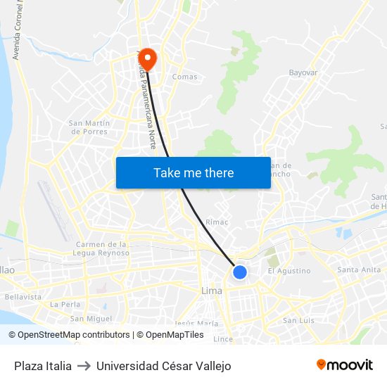 Plaza Italia to Universidad César Vallejo map