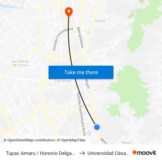Tupac Amaru / Honorio Delgado - Puerta 5 to Universidad César Vallejo map