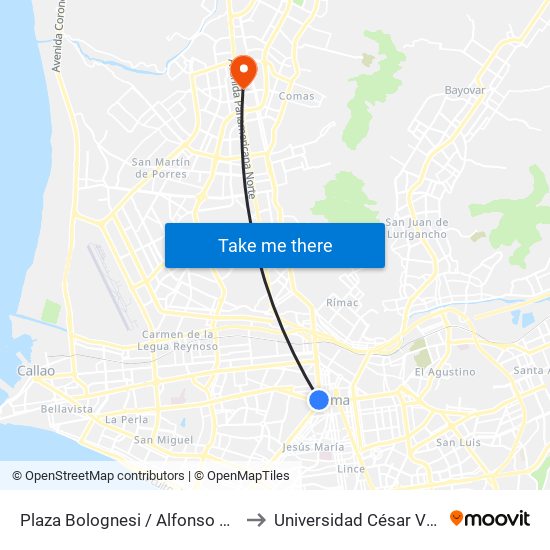 Plaza  Bolognesi / Alfonso Ugarte to Universidad César Vallejo map