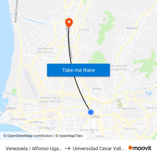 Venezuela / Alfonso Ugarte to Universidad César Vallejo map