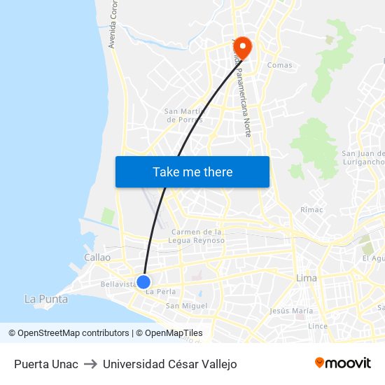 Puerta Unac to Universidad César Vallejo map