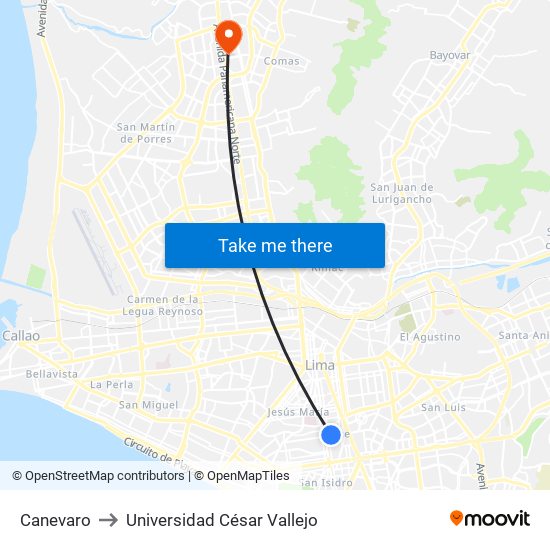Canevaro to Universidad César Vallejo map