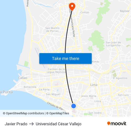 Javier Prado to Universidad César Vallejo map