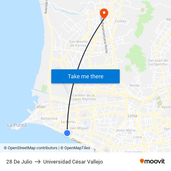 28 De Julio to Universidad César Vallejo map