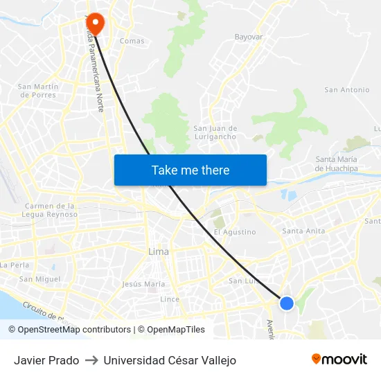 Javier Prado to Universidad César Vallejo map
