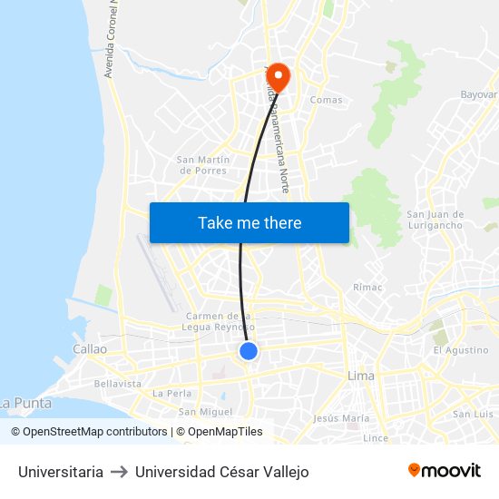 Universitaria to Universidad César Vallejo map