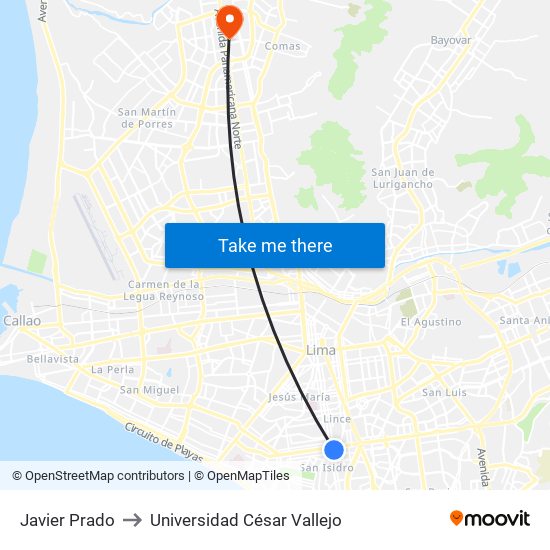 Javier Prado to Universidad César Vallejo map