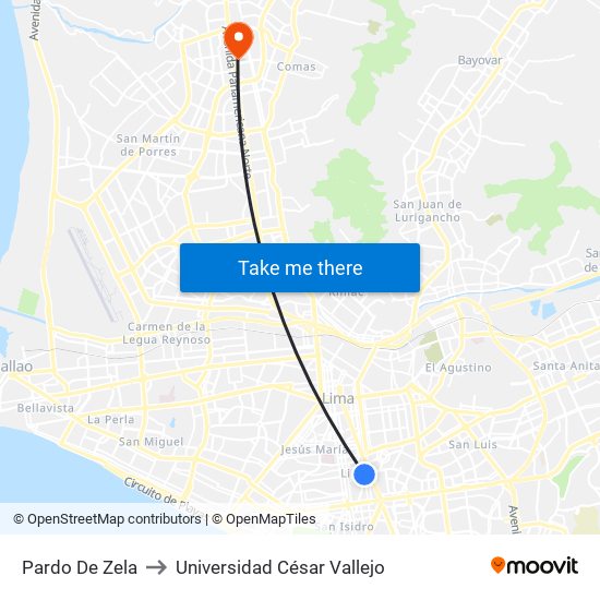Pardo De Zela to Universidad César Vallejo map