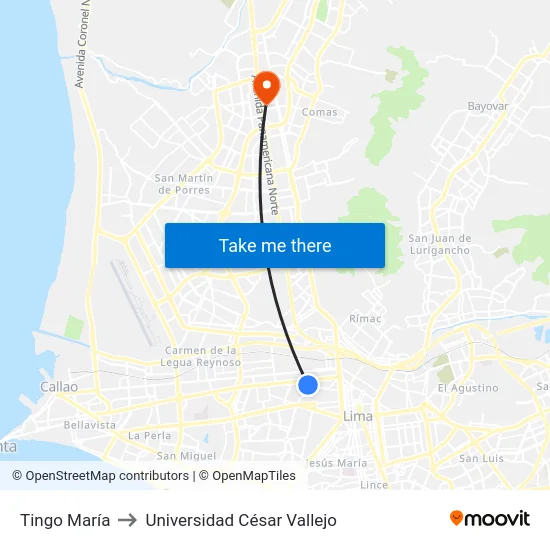 Tingo María to Universidad César Vallejo map