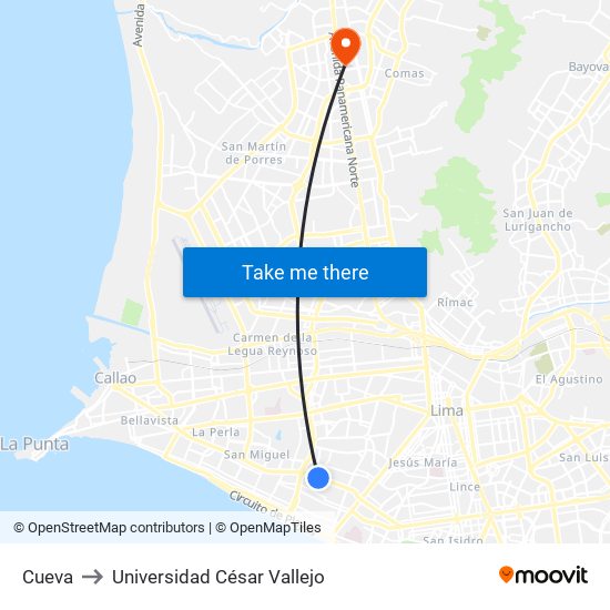 Cueva to Universidad César Vallejo map