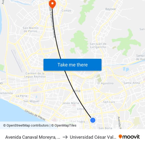 Avenida Canaval Moreyra, 755 to Universidad César Vallejo map