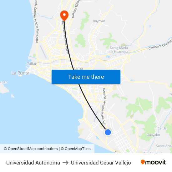 Universidad Autonoma to Universidad César Vallejo map