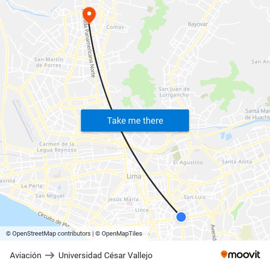 Aviación to Universidad César Vallejo map