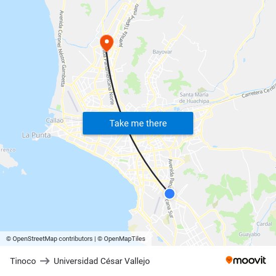 Tinoco to Universidad César Vallejo map