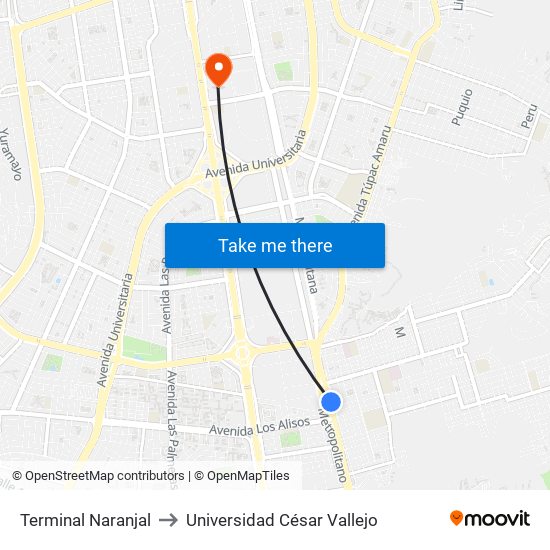 Terminal Naranjal to Universidad César Vallejo map