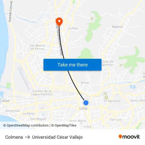 Colmena to Universidad César Vallejo map
