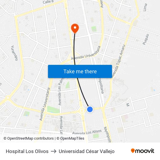 Hospital Los Olivos to Universidad César Vallejo map