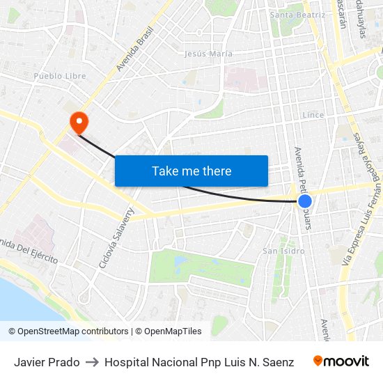 Javier Prado to Hospital Nacional Pnp Luis N. Saenz map