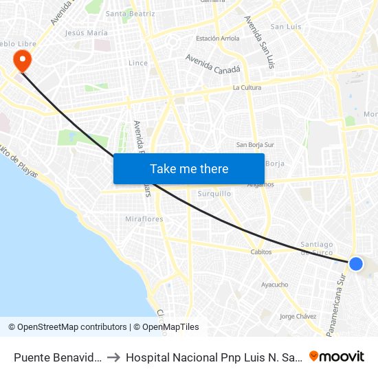 Puente Benavides to Hospital Nacional Pnp Luis N. Saenz map