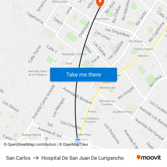 San Carlos to Hospital De San Juan De Lurigancho map