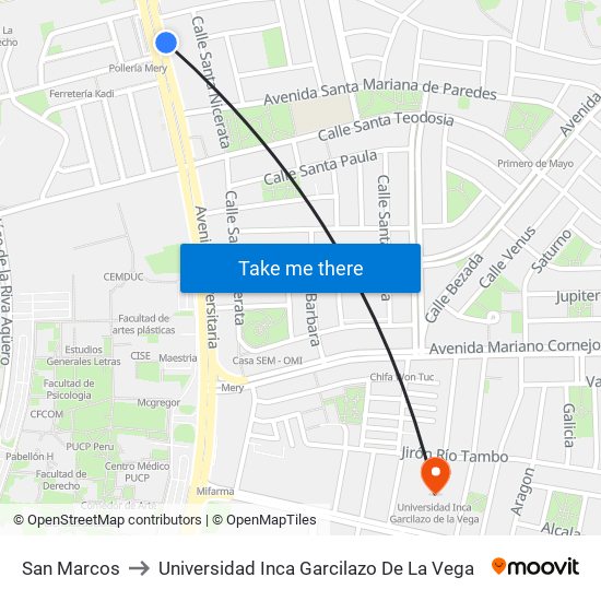 San Marcos to Universidad Inca Garcilazo De La Vega map