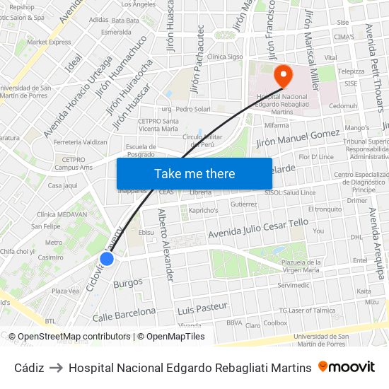 Cádiz to Hospital Nacional Edgardo Rebagliati Martins map