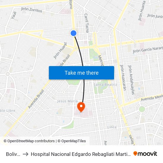 Bolivia to Hospital Nacional Edgardo Rebagliati Martins map