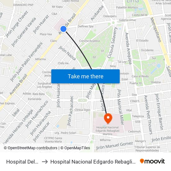 Hospital Del Niño to Hospital Nacional Edgardo Rebagliati Martins map