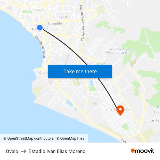 Óvalo De Miraflores to Estadio Iván Elías Moreno map
