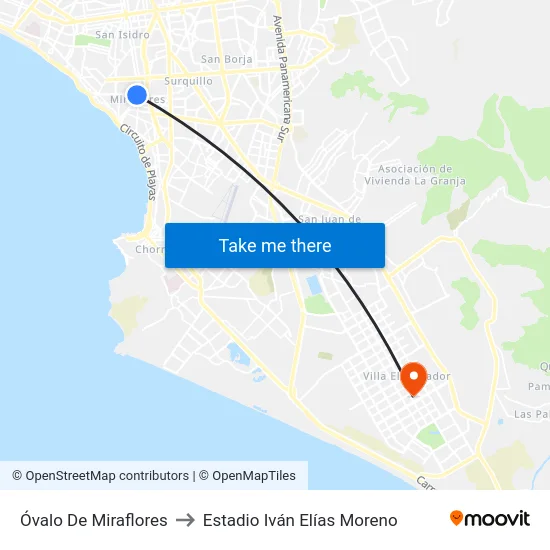 Óvalo De Miraflores to Estadio Iván Elías Moreno map