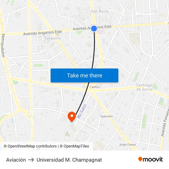 Aviación to Universidad M. Champagnat map