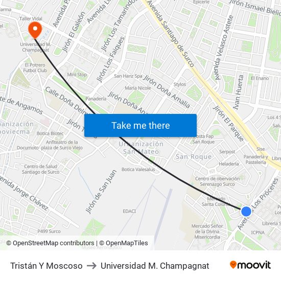 Tristán Y Moscoso to Universidad M. Champagnat map