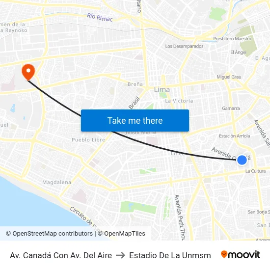 Av. Canadá Con Av. Del Aire to Estadio De La Unmsm map