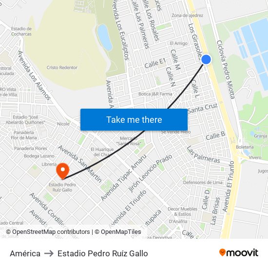 América to Estadio Pedro Ruíz Gallo map