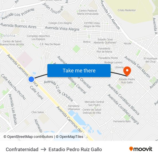 Confraternidad to Estadio Pedro Ruíz Gallo map