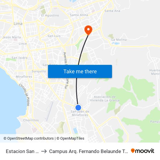 Estacion San Juan to Campus Arq. Fernando Belaunde Terry - Usil map